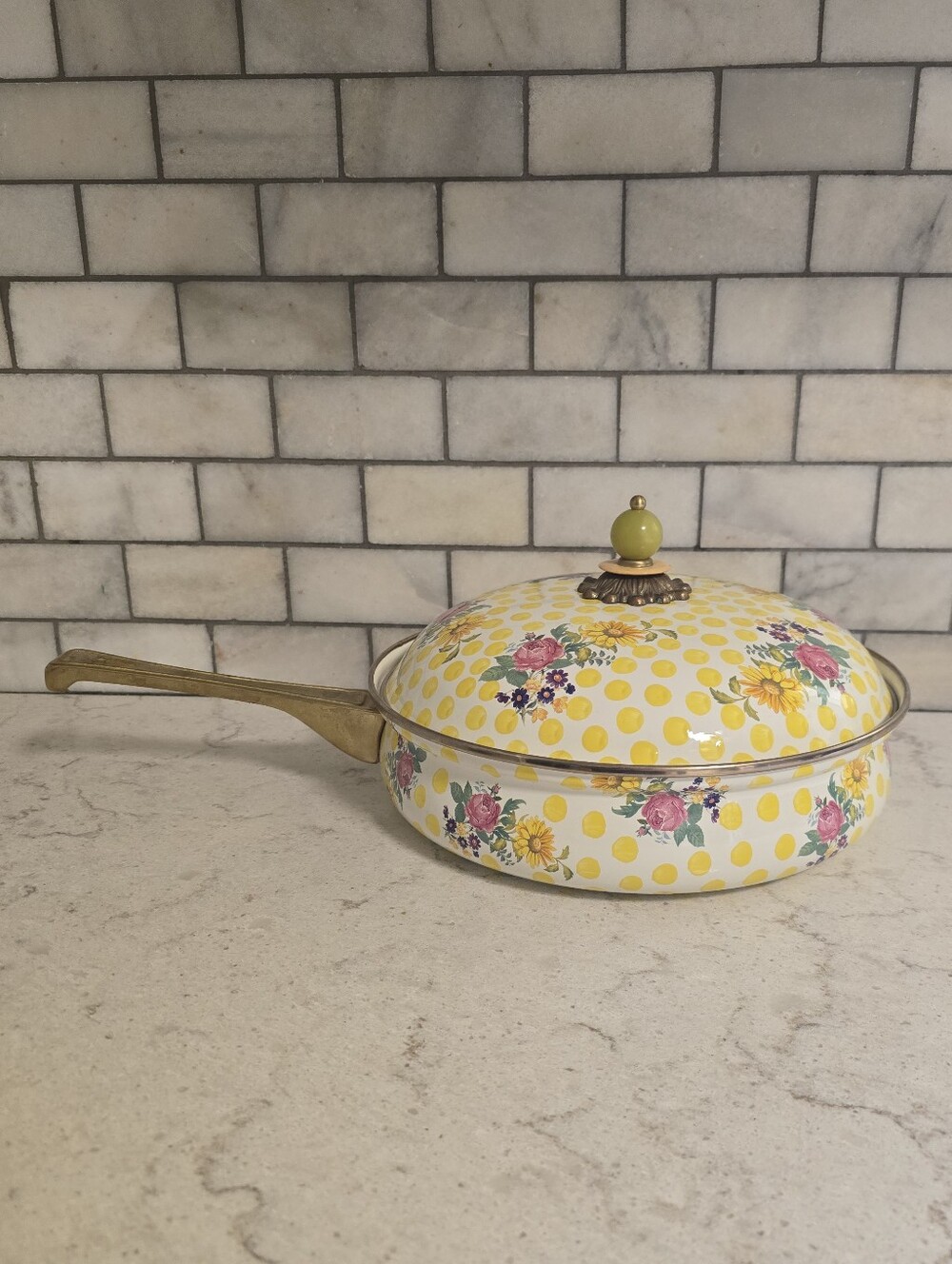 MacKenzie-Childs Buttercup Enamal Cookware 3 Quart Covered Skillet And Lid Pot